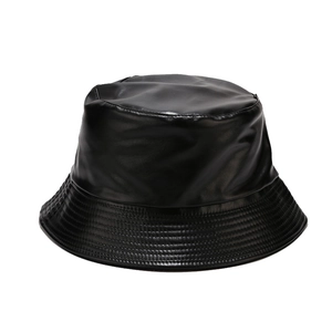 Classic black PU leather bucket hat with detailed stitching for outdoor sun protection