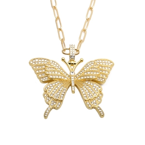 Hip hop butterfly pendant necklace with sparkling crystal rhinestones in gold finish