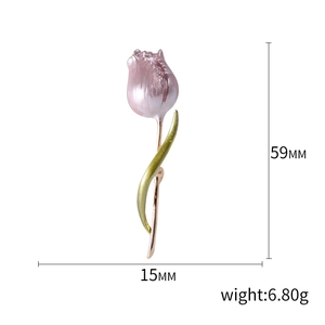 Pink tulip enamel brooch with green and gold leaves, size 59mm by 15mm, weighs 6.80g