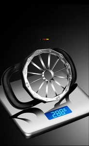 Zinc alloy apple slicer with 12 stainless steel blades on digital scale showing 288g weight
