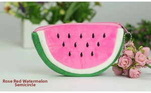 Cute plush watermelon coin purse with pink fruit embroidery and metal ball chain detail