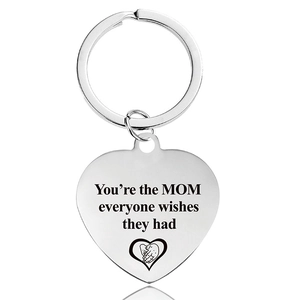 Polished heart-shaped stainless steel keychain with Mother's Day quote on white background