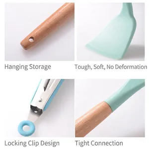 11-piece silicone kitchenware set with wooden handles featuring mint green spatulas