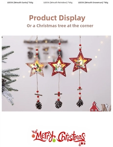 Detailed view of wooden star ornaments with LED lights featuring Santa, snowman, and reindeer