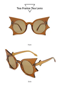 Detailansicht der teefarbenen Cat-Eye-Sonnenbrille mit Nieten und Bügeldesign in Seitenansicht