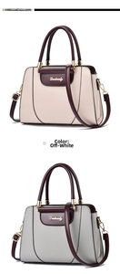 Comparison of cream and light grey tote bags featuring burgundy handles and gold logo details