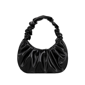 Minimalist black pleated PU leather shoulder bag for women with a sleek ruched design