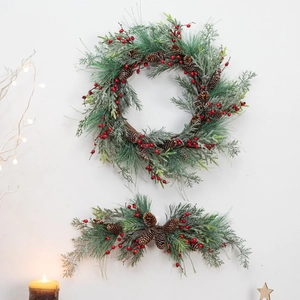 Christmas wreath set with red berries and pine cones for elegant holiday wall decoration