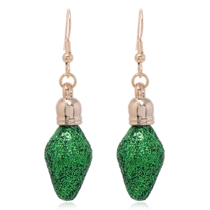 Detailed view of green glitter bulb earrings with gold hooks for Christmas fashion