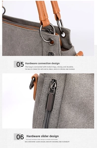 Detailed macro view of durable hardware connection and slider on gray canvas bag