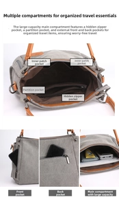 Detail view of grey canvas bag showing multi-compartment interior and spacious storage pockets