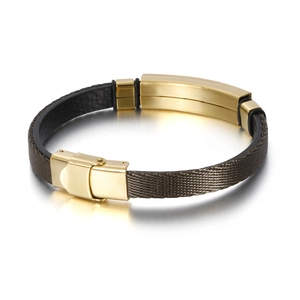 Minimalist gold metal bar and woven leather bracelet for men with polished clasp