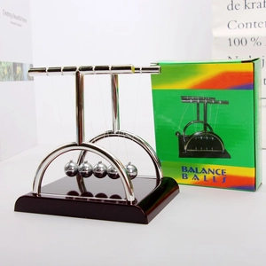 Classic silver Newton's cradle balance balls shown with original retail color box