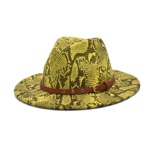 Chic snake print fedora hat with wide brim and leather band for men and women