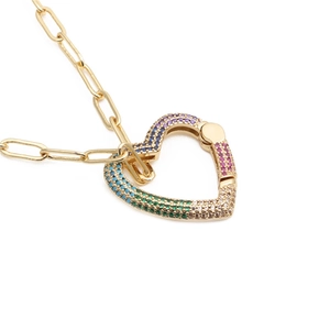 Copper Heart Pendant Necklace Rainbow Zircon Micro Pave Carabiner Clasp Paperclip Chain Fashion Jewelry For Women