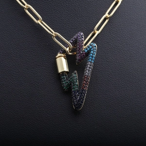 Hip Hop Cuban necklace featuring gold lightning pendant with colorful cubic zirconia stones
