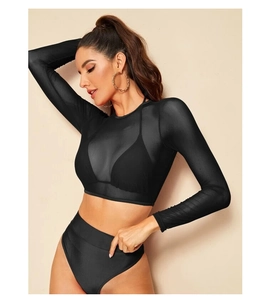 Close-up of black mesh long-sleeve cover-up and high-waisted bikini set texture
