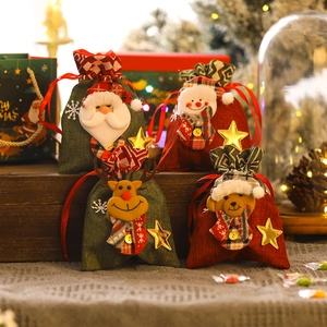 Christmas Linen Drawstring Gift Bag Cute 3D Santa Snowman Reindeer Bear Pattern Candy Biscuit Packaging Pouch Festive Decor