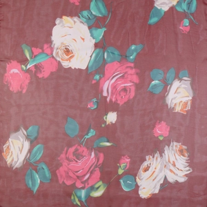 Detail of floral lotus print on lightweight georgette scarf with vibrant wine red base