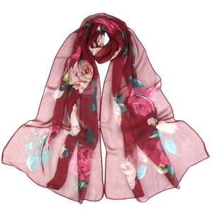 Lightweight deep red georgette silk scarf with large rose floral patterns for beach sunshade