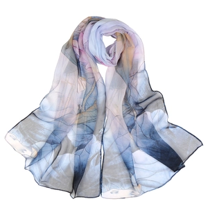 Lightweight sheer lotus print scarf in gradient blue pink and grey for summer beach