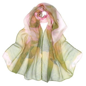Pink and green lotus flower pattern 100% silk scarf for summer sun protection