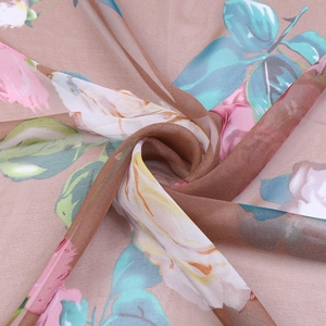 Brown chiffon scarf with pink lotus print and soft breathable semi-transparent fabric