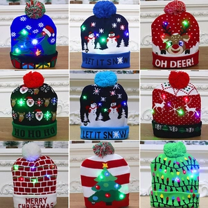 Detailed grid showing nine styles of LED knitted Christmas hats with festive patterns