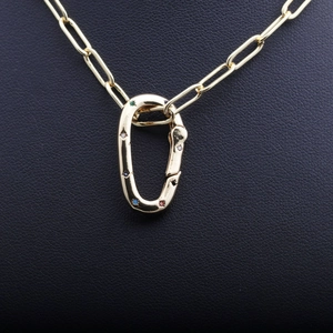 Hip Hop gold carabiner pendant necklace with colorful micro-pave crystals on paperclip chain
