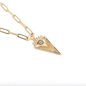 Hip Hop Evil Eye Pendant Necklace Copper Gold Plated Colorful Zircon Paved Paperclip Chain Fashion