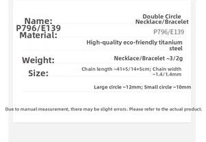 Size chart for double circle titanium steel necklace and bracelet set with dimensions