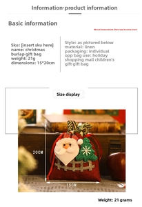 Detail of Christmas burlap gift bag with 3D Santa Claus character and drawstring