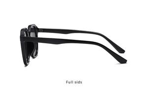 Side view of chic black square sunglasses featuring wide temples and glossy finish