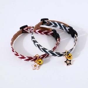 Adjustable pet collars with wave patterns, gold bells and star charms in red and black
