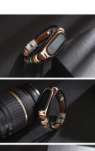 Detail of rose gold frame with brown leather and braided strap for Mi Band