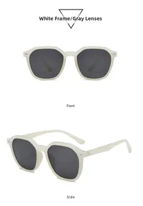Close-up of stylish white polygon thick frames with grey lenses from front and side views