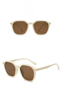 Front and side views of beige fashion sunglasses with tea-colored lenses