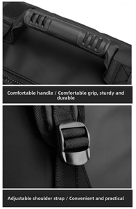 Detail of ergonomic rubber handle and adjustable buckle on black business backpack