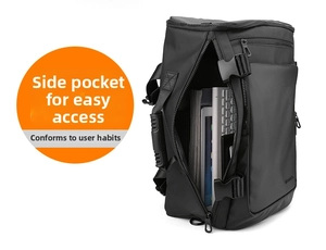 Close-up of side-opening business backpack featuring a tablet and documents storage