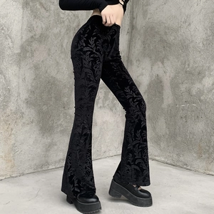 Women's black velvet flared trousers with gothic floral embossing and high waist fit