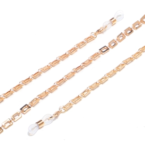 Elegant gold rectangular metal glasses and mask chain with adjustable white silicone loops