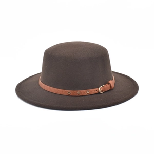Dark brown wool felt flat top boater hat with studded leather belt buckle accent