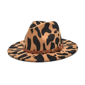 Classic cow print wool fedora hat with brown leather belt and metal buckle for women