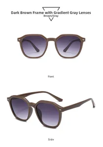 Detail view of brown geometric sunglasses featuring gradient grey lenses and sleek frames