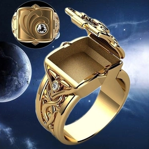 Men's 18K gold plated punk poison ring with openable flip lid and hidden compartment