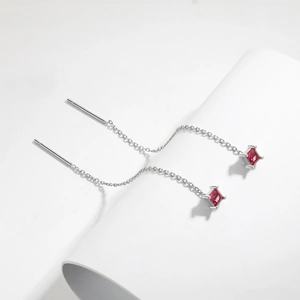 Elegant S925 sterling silver long drop earrings with vibrant red square gemstones on white