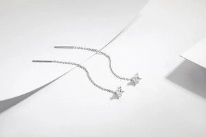 Detailed view of S925 sterling silver ear threads with square cubic zirconia pendant