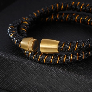 Bracelet double en cuir noir tressé pour homme avec fermoir magnétique doré poli