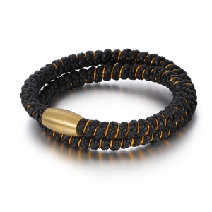 Bracelet double en cuir noir tressé pour homme avec fil d'or et fermoir magnétique