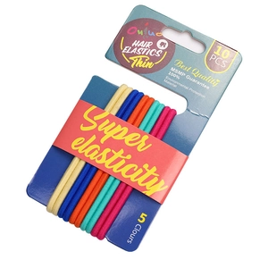 Set of 10 thin high elasticity hair elastics in 5 vibrant colors for durable styling